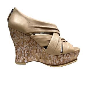 Lisa for Donald Pliner Womens‎ Platform Sandals Strappy Cork Wedge Beige Sz 8M
